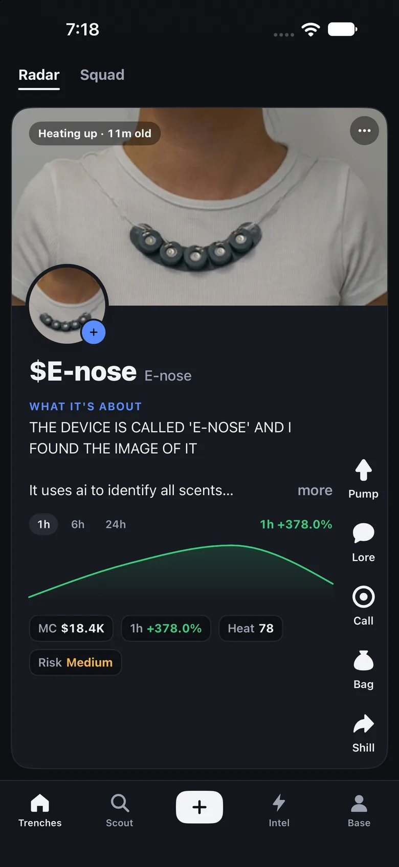 Trenchoor's Radar feed showing a coin card: $E-nose (E-nose), 11 minutes old and heating up, with its creator's description, up 378% in the last hour, a market cap of $18.4K, heat 78 and medium risk.