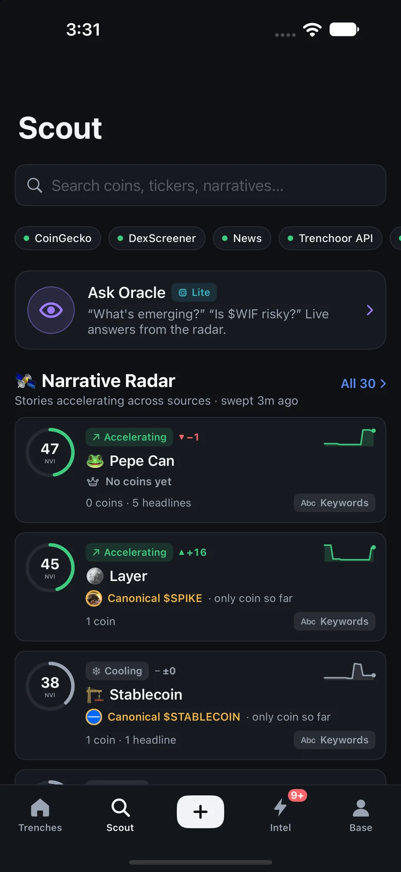 The Scout tab: a search field, live data-source status, Ask Oracle, and the Narrative Radar listing narratives with their stage and score, such as Pepe Can (accelerating, no coins yet) and Layer (accelerating, one canonical coin).